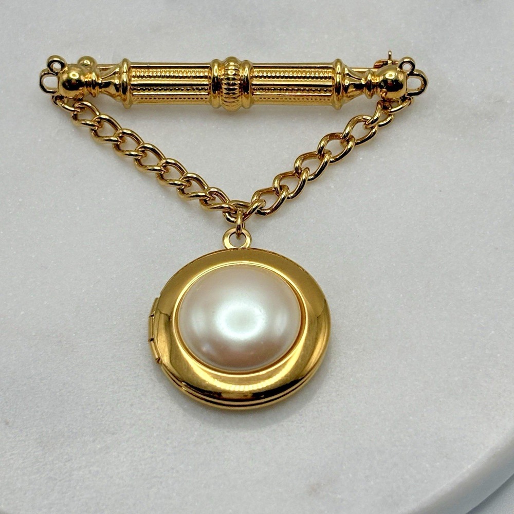 Vintage Monet Locket Bar Brooch Faux Pearl Dangle Sleek Old Money